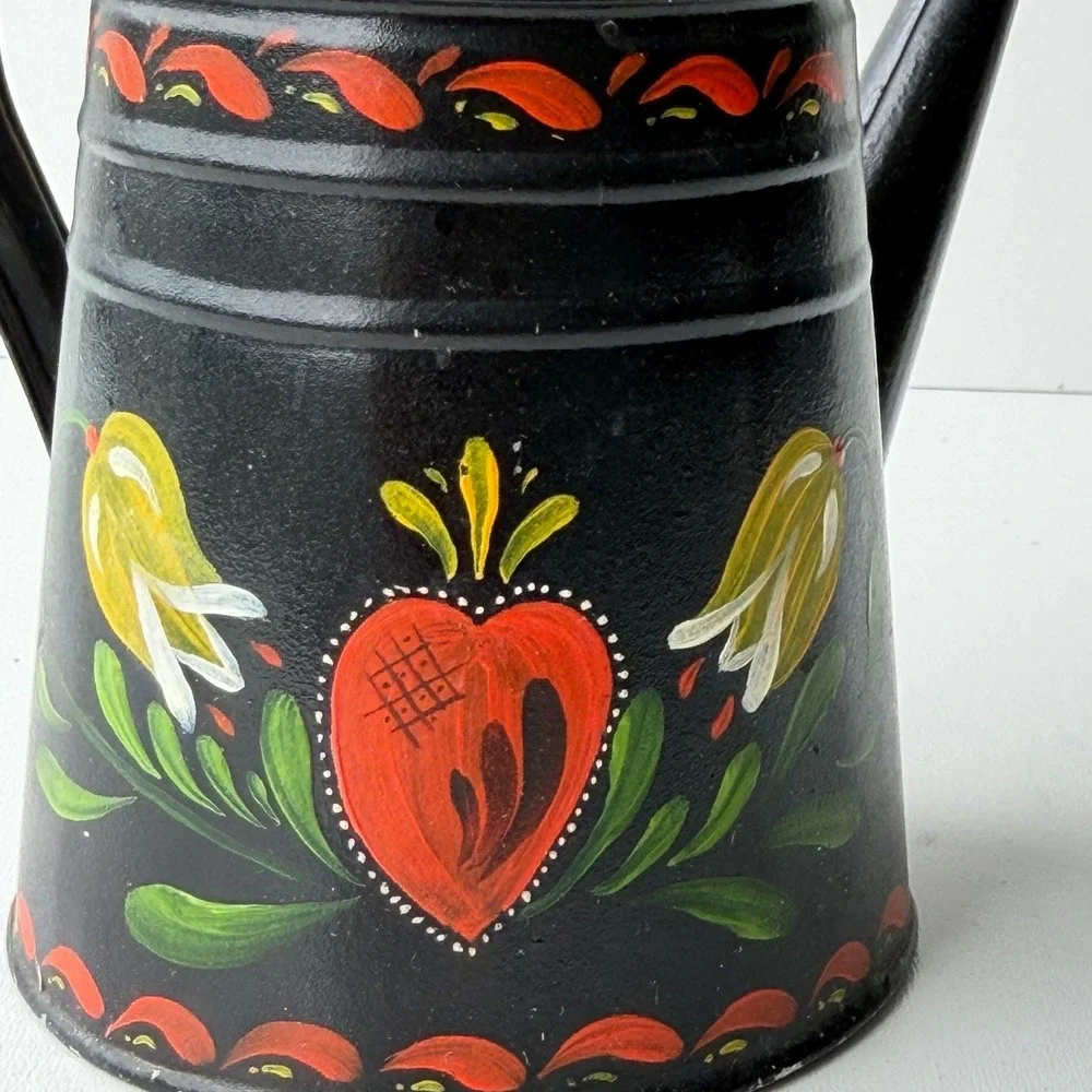 Vintage Toleware Coffee Pot Pitcher Black Folk Art Floral Heart Farmhouse Rustic